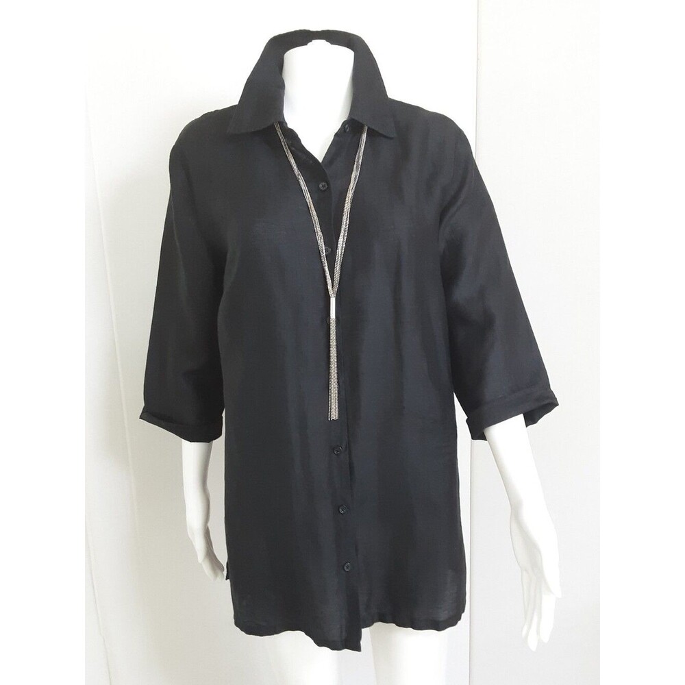 INVESTMENT Classic Black Linen Blend 3 Quarter Sleeve Tunic Shirt Sz 12